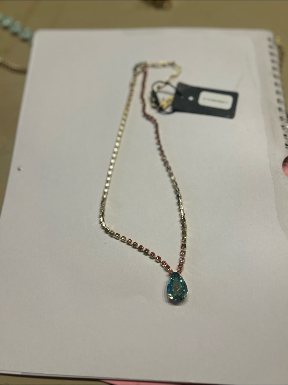 TOVA Milli Gold-Tone Necklace with Blue Teardrop Pendant and Pink Accent Stones